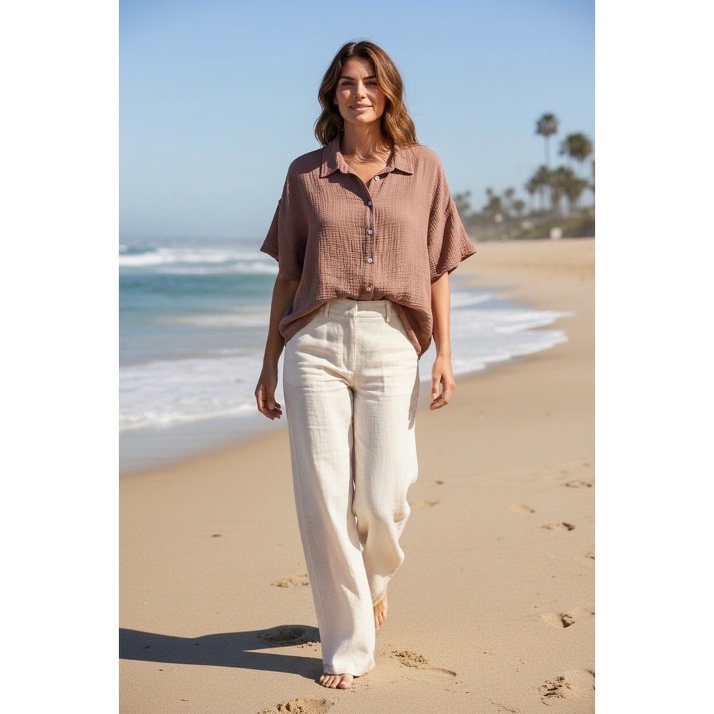 Lake Pajamas Womens XL Taupe Boxy Gauzy Cotten Button Up‎ Relax Fit Shirt